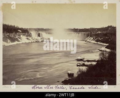 Pferdeschuhfall. Unbekannt, Fotograf 1860s–1873 Blick auf die Horseshoe Falls, Teil der Niagarafälle, aus der Ferne gesehen. Der Terrapin Tower ist am Rand der Wasserfälle im mittleren linken Bereich des Bildes zu sehen. Im Vordergrund sind zwei Kabelkabel auf dem Bild sichtbar. (Recto, Mount) Mitte links, unten Bild, Bleistift: 'Horse Shoe Fall [sic]'; Mitte, unten Bild, lila Tinte: 'Horse Shoe Falls, Canada Side'; Mitte rechts, unten Bild, Bleistift: '4'; Stockfoto