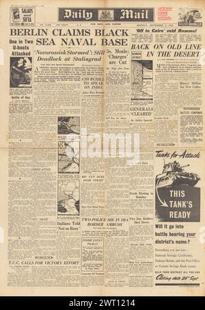 1942 Daily Mail-Titelseite berichtet über Nordafrika-Kampagne, die Schlacht von Stalingrad und die deutsche Eroberung Noworossijsk Stockfoto
