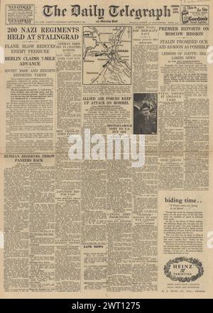 1942 die Titelseite des Daily Telegraph berichtet über Nordafrikas Feldzug und die Schlacht von Stalingrad Stockfoto