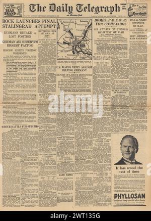 1942 die Titelseite des Daily Telegraph berichtet über die Schlacht von Stalingrad und den Angriff auf Tobruk Stockfoto