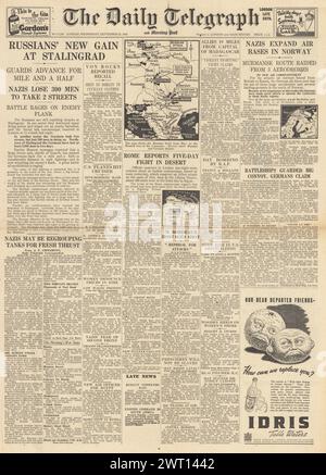 1942 die Titelseite des Daily Telegraph berichtet über die Schlacht von Stalingrad Stockfoto