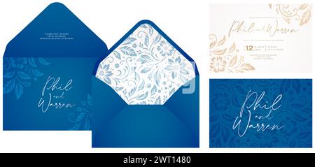 Hochzeitseinladungen Set mit blauem Umschlag und Blumenmotiven isolierte farbige Hintergründe für Schreibwaren, Layouts, Collagen, Szenendesigns, Eventflyer Stock Vektor