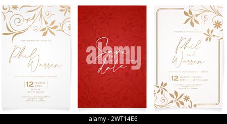 Drei Set Hochzeitseinladungskarte Vorlage mit goldenem Ornament Swirl für Briefpapier, Layouts, Collagen, Szenendesigns, Event Flyer, Druckmaterialien Stock Vektor