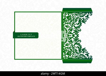 Ornament Lasercut, minimalistisches lasergeschnittenes grünes Papier, Blumenschablone, Blumenkunstwerk, Einladungslaserschnitt, Laserschneideschablone zur Begrüßung Stock Vektor