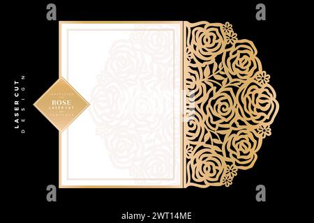 Rose Laserschnitt, minimalistisches florales lasergeschnittenes Goldpapier, Blumenschablone Design, florales Gold Einladung lasergeschnitten, Laserschneidvorlage für Karten Stock Vektor