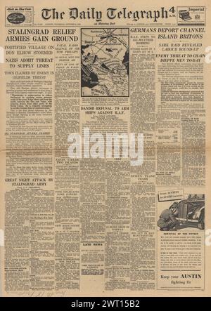 1942 die Titelseite des Daily Telegraph berichtet über die Schlacht von Stalingrad und die Bedrohung von Kriegsgefangenen Stockfoto
