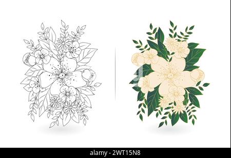 Blumen Linien Kunst Design, Floral Hand gezeichnet Vektor mit zwei Modellen Farben monochrom und Pastell, anwendbar für Einladungskarten, Grußkarten Stock Vektor