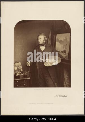 Clarkson Frederick Stanfield. William Lake Price, Fotograf (britischer Fotograf, 1810–1896) über 1857 Maler Clarkson Stanfield steht vor einer Staffelei, hält einen Stock in der linken Hand und eine Künstlerpalette in der rechten Hand. Das unvollendete Gemälde hinter ihm zeigt ein Segelschiff in einer stürmischen See. (Recto, Halterung) oben links, in Bleistift: '117'; unten links, in Bleistift: 'A53000'; unten in der Mitte, Aufdruck in grauer Tinte: 'Photograed from Life by Lake Price/ London published by Lloyd Brothers & Co. 96, Gracechurch Street'. Unten rechts, in schwarzer Tinte: 'C. Stanfield' [Unterschrift des Subjekts]; in Bleistift: '0 Stockfoto