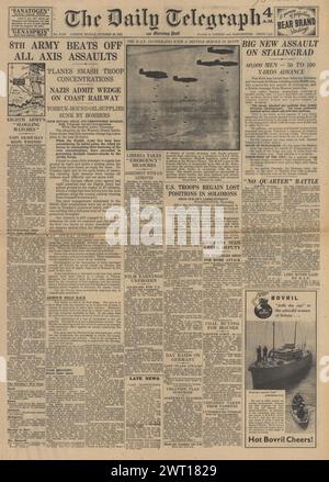 1942 die Titelseite des Daily Telegraph berichtet über die Schlacht um Stalingrad und die Schlacht um Nordafrika Stockfoto