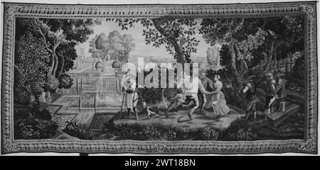 Tanzen. Teniers, David II (Flämisch, 1610-1690) (gestaltet nach, Figuren) [Maler] Teniers, David III (Flämisch, 1638-1685) (gestaltet nach, Figuren) [Maler] Coppens, Augustin (Flämisch, 1668-1740) (entworfen nach, attr., Landschaft) [Maler] Werniers, Willem (Flämisch, ACT.1700-d.1738) (Werkstatt) [Weber] ca. 1700-1735 Gobelin Abmessungen: h 2,46 x B 5,45 Gobelin Materialien/Techniken: unbekannt Kultur: Flämisches Weberzentrum: Lille in Landschaft, Figurengruppe im Kreis-Tanz; Figur spielt Dudelsack; andere Figuren rauchen Pfeifen & Uhrentänzer; formeller Garten mit Springbrunnen im Hintergrund (BRD) scr Stockfoto