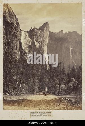 Yo-SEM-i-te Valley, Kalifornien. Das Tal von Pohono Meadows. Eadweard J. Muybridge, Fotograf (amerikanisch, geboren 1830–1904) Negativfotograf 1867 oder 1872, Print Later View of Bridalveil Fall und seine umliegenden Felsformationen im Yosemite National Park. Diese Aussicht ist von einem nahe gelegenen Talboden aus zu sehen. (Recto, Mount) unten in der Mitte, Bild unten, gedruckt auf Etikett, in schwarzer Tinte: 'YO-SEM-i-TE VALLEY, CALIFORNIA. / DAS TAL VON POHONO MEAD.'; unten in der Mitte, unten, mit Bleistift: 'Bancroft 19 [Space] B&R / 4003'; Stockfoto