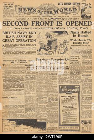 1942 News of the World Titelseite berichtet über Operation Fackel und alliierte Invasion Nordafrikas Stockfoto