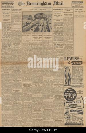 1942 die Titelseite der Birmingham Mail berichtet über die Schlacht um Nordafrika und die Eroberung von Casablanca Stockfoto