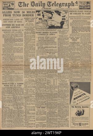 1942 die Titelseite des Daily Telegraph berichtet über die Schlacht um Nordafrika und die Schlacht von Stalingrad Stockfoto