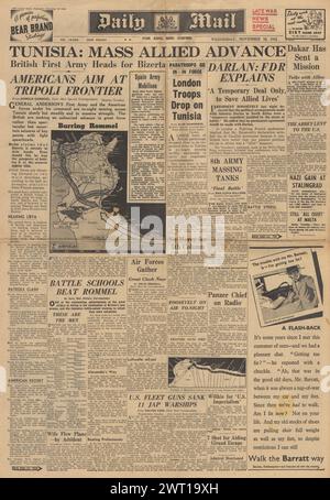 1942 Daily Mail-Titelseite berichtet über die Schlacht um Nordafrika und den Vormarsch der Alliierten in Tunesien Stockfoto