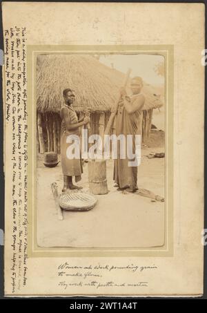 Mais zu Mehl schlagen. Unbekannt, Fotograf 1910 zwei Frauen benutzen große Holzstößel in einem Mörtel aus einem Baumstumpf. Auf dem Boden liegt ein breiter Korb an den Füßen mit Körnern. Die Frauen tragen lange Stoffkleider und stehen vor einer Hütte mit Strohdach. (Recto, Mount) oben in der Mitte, Bleistift: „54/4/Swann“; (Recto, Mount) Mitte links, schwarze Tinte: "das ist eine tägliche Beschäftigung. Nach dem Erden wird das Mehl in einem Korb gesiebt, der aus steifem Schilf oder manchmal Bambus besteht./es wird dann in die Töpfe im Hintergrund gegeben und abgedeckt, um den Staub fernzuhalten. T Stockfoto
