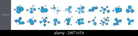 Eine Sammlung von Symbolen mit Umrissen von Molekülen, atomaren Verbindungen in Blau auf weißem Hintergrund. Die Struktur des Stoffes. Stock Vektor