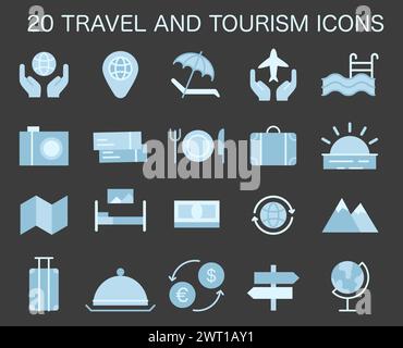 Tourismussymbole gesetzt. Einfache Symbole für Reisen um die Welt, Sehenswürdigkeiten und Kulturerbe. Reisende, die ein Hotel buchen und ein Gepäck packen. Aktiver Lebensstil. Illustration des flachen Vektors Stock Vektor