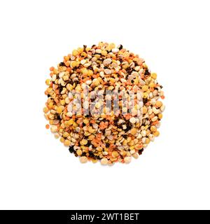 Draufsicht auf verschiedene Arten von getrockneten Leguminosen aus biologischem Anbau. Gemischte Leguminosen. Linsen, Bohnen, Erbsen, Kichererbsen Stockfoto