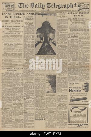 1942 die Titelseite des Daily Telegraph berichtet über die Schlacht um Tunesien und die Kämpfe an der Ostfront Stockfoto