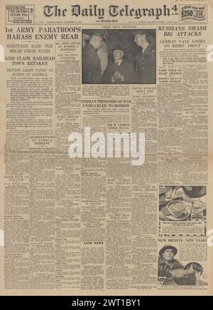 1942 die Titelseite des Daily Telegraph berichtet über die Schlacht um Tunesien und die Schlacht um Rzhev Stockfoto