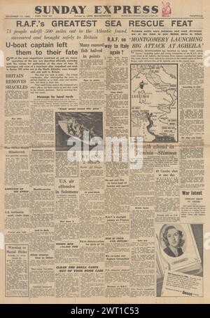 1942 Sunday Express-Titelseite, die die Schlacht um Tunesien und Laconia-Rettung meldet Stockfoto