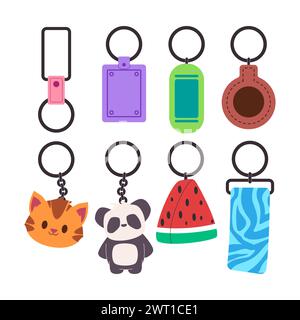 Set verschiedene bunte Schlüsselanhänger Tag Halter Souvenir Geschenk Design Schmuck Accessoire Stock Vektor