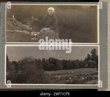 Mount Tacoma. J.F. Ford, Fotograf (amerikanisch, 1900er Jahre) etwa 1900 Fernsicht auf den Mount Ranier, auch Mount Tacoma genannt, von Nordwesten. Pferde grasen auf einem Feld auf der anderen Seite eines hölzernen Zauns, der das Feld trennt, während eine Herde von Kühen im Vordergrund auf dem Feld verweilt. Bäume umgeben das Feld. (Recto, Mount) unten in der Mitte, unter dem Druck, handgeschrieben in schwarzer Tinte: 'MT. Tacoma aus dem Puyallup River in der Nähe des Indianerreservats." Stockfoto