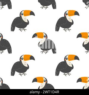 Nahtloses Muster mit Tukanvogel, auf weißem Hintergrund, kindliches Muster, für Stoff, Verpackungspapier, Hintergrundbild Stock Vektor