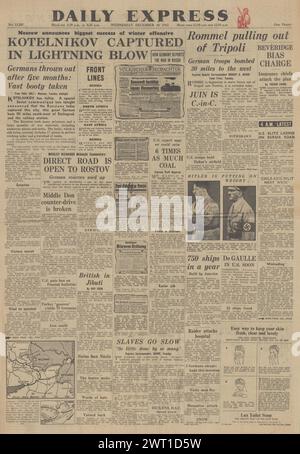 1942 Daily Express-Titelseite berichtet über die Eroberung Kotelnikowo durch die Rote Armee, die Schlacht um Stalingrad und die Schlacht um Nordafrika Stockfoto