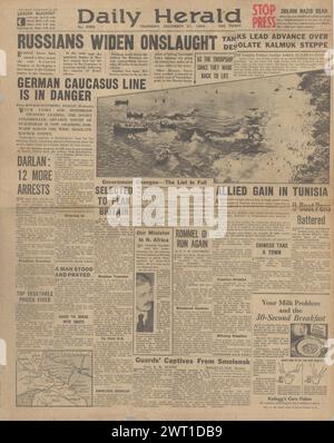 1942 Daily Herald berichtet über die Eroberung Kotelnikowo durch die Rote Armee, die Schlacht um Stalingrad und die Schlacht um Nordafrika Stockfoto