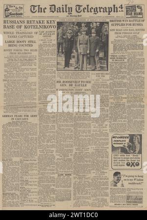 1942 berichtet der Daily Telegraph über die Eroberung von Kotelnikowo durch die Rote Armee, die Schlacht um Stalingrad und U-Boot-Angriffskonvoi im Nordatlantik Stockfoto