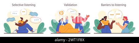Aktives Zuhören. Aufmerksamer Geschäftscharakter oder Entwicklung von Soft Skills für Mitarbeiter. Konversation, Verhandlung, emotionale Intelligenz und Teamarbeit. Illustration des flachen Vektors Stock Vektor