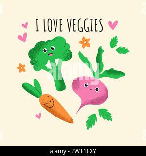 Ich liebe Gemüse, süßes Design mit Maskottchengemüse. Vektor-Illustration für Tragetaschen, T-Shirt, Abdeckungen. Stock Vektor