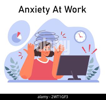 Angst. Charakterpsychische Gesundheitsprobleme. Frau, die mit psychologischem Stress fertig wird. Psychische Störung emotionale und körperliche Symptome. Illustration des flachen Vektors Stock Vektor