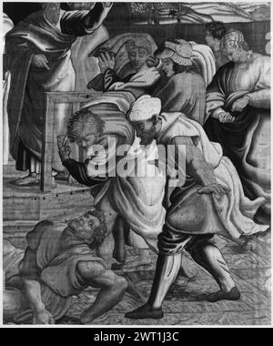 Ananias, von St. Peter, fällt herunter und stirbt. Raphael (italienisch, 1483-1520) (Zeichentrickschöpfer) [Maler] Lefebvre, Pierre (französisch, Jahrgang 1579-d.1669) (Werkstatt) [Weber] ca. 1650 Gobelin Materialien/Techniken: Unbekannt Kultur: Französisches Weberzentrum: Paris Eigentumsgeschichte: Kardinal (Jules) Mazarin (d. 1661) Coll. (9 Stück). Marquis de Mancini Coll. (9 Stück ?). Krone Italiens, Palazzo reale (Mailand) (7 Stück). Zusätzliches Panel im Set dokumentiert in Archiven in Monaco. Italien, Marken, Pesaro e Urbino, Urbino, Palazzo Ducale. Inschriften: Inschrift auf Kartusche im unteren Rand: ACTA POST CAP Stockfoto