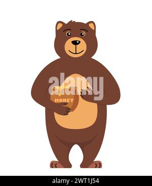 Niedlicher Bär mit Honigtopf. Brauner Grizzlybär, isoliert auf weißem Hintergrund. Teddy steht und isst süßen Honig aus dem Holzfass. Vektoril Stock Vektor