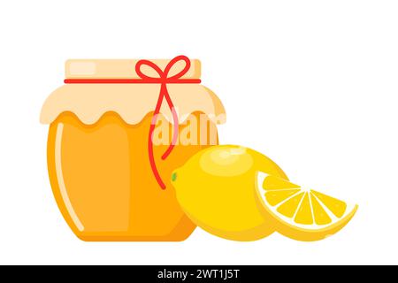 Honig in einem transparenten Glas und Zitrone. Vektorbild für den Verkauf von Honig, Bienenprodukten Stock Vektor