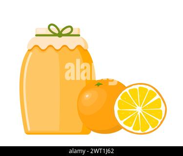 Honig in einem transparenten Glas und Orange. Vektorbild für den Verkauf von Honig, Bienenprodukten Stock Vektor