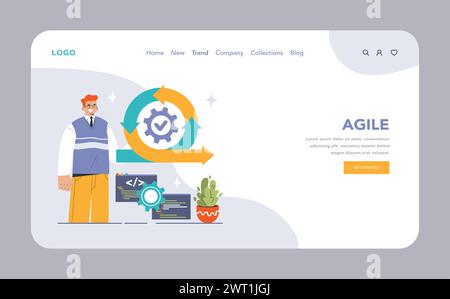 DevOps Webbanner oder Landing-Page. Software-Entwicklungsmethodik. Softwareentwicklung und IT-Betriebszyklus, Integration und Automatisierung von IT-Services. Illustration des flachen Vektors Stock Vektor