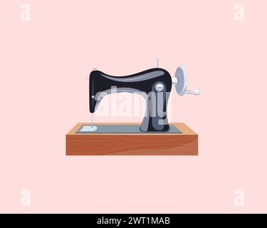 Vintage Handnähmaschinenskizze. Flache Farbvektor-Illustration von Schneiderausrüstung im Cartoon-Stil. Isolierte Abbildung. Stock Vektor