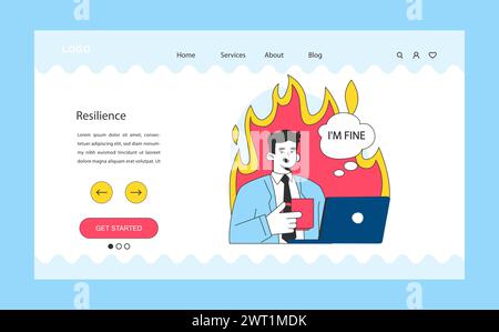 Webbanner oder Landing-Page für Ausfallsicherheit. Geistige oder emotionale Stärke, psychologische Verwirrung. Starker, selbstbewusster Mann, umgeben von Feuer. Brennfrist. Optimistische Einstellung. Illustration des flachen Vektors Stock Vektor