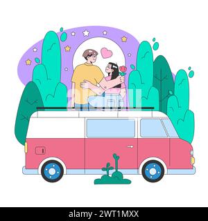 Roadtrip. Junge Leute oder Familie, die mit dem Auto in den Urlaub fahren. Charaktere, die im Auto fahren und gemeinsam die Welt bereisen. Illustration des flachen Vektors Stock Vektor