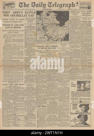 1943 die Titelseite des Daily Telegraph berichtet über die Schlacht um Tunesien Stockfoto