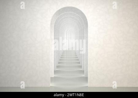 Abstraktes surreales 3D-Rendering. Unendlicher Korridor mit weißem Hintergrund. Stockfoto