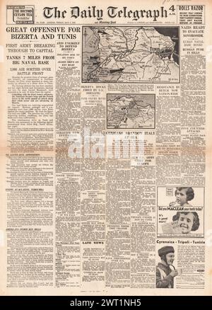 1943 die Titelseite des Daily Telegraph berichtet über die Schlacht um Tunesien Stockfoto