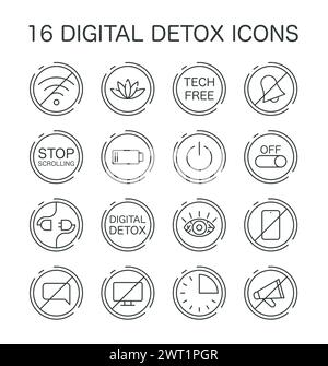 Digitale Detox-Symbole eingestellt. Achtsamkeit, Verkürzung der Bildschirmzeit und Genuss technologiefreier Zonen. Symbol für abgeschlossenes oder ausgeschaltetes Gadget. Ausgewogenes Leben und psychische Gesundheit. Illustration des flachen Vektors Stock Vektor