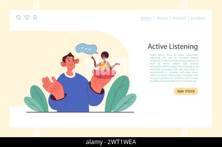 Webbanner oder Landing-Page für die Fähigkeit „aktives Zuhören“. Aufmerksame Entwicklung der Soft Skills für Charaktere. Konversation, Verhandlung, emotionale Intelligenz und Teamarbeit. Illustration des flachen Vektors Stock Vektor