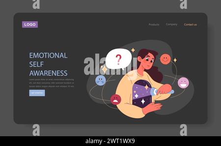 Emotionale Selbstwahrnehmung im Dunkelmodus oder Nachtmodus Webbanner oder Landing-Page. Die junge weibliche Figur untersucht ihr Inneres mit einer Taschenlampe. Bewusstsein. Illustration des flachen Vektors Stock Vektor