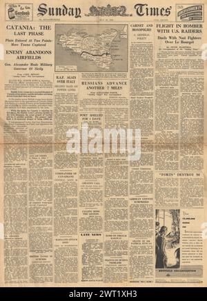 Die Titelseite der Sunday Times 1943 berichtet über die Invasion der Alliierten auf Sizilien und die Schlacht von Orel Stockfoto